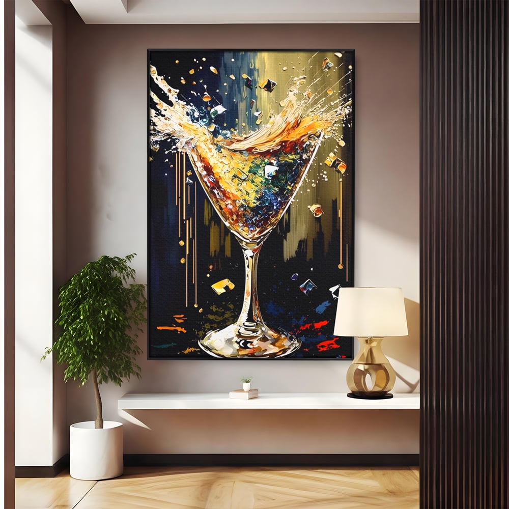 Tablou canvas cu tablou canvas cu pahar de cocktail in plina explozie de culori, in rama de aluminiu negru